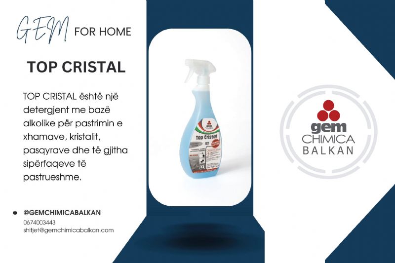 TOP CRISTAL detergjent profesional per kristale, Pastrues profesional për xhama, Detergjent për pastrimin e pasqyrave, Produkt për xhama pa njolla, Pastrues për sipërfaqe kristali, Detergjent për shkëlqim të xhamave nga Gem Chimica